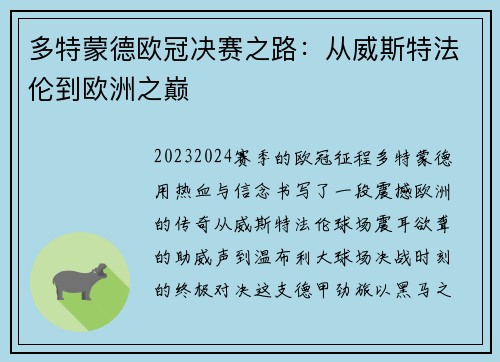 多特蒙德欧冠决赛之路：从威斯特法伦到欧洲之巅