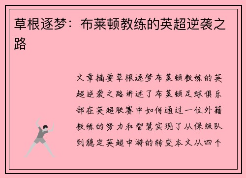 草根逐梦：布莱顿教练的英超逆袭之路