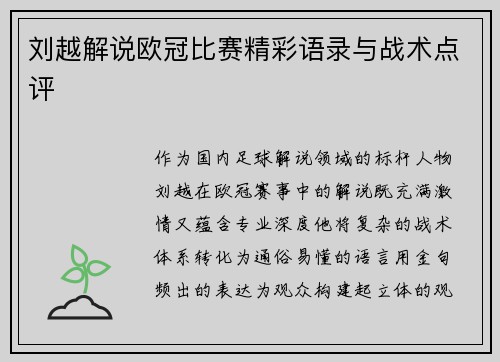 刘越解说欧冠比赛精彩语录与战术点评