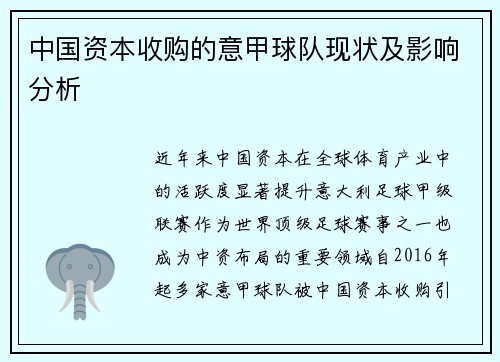 中国资本收购的意甲球队现状及影响分析