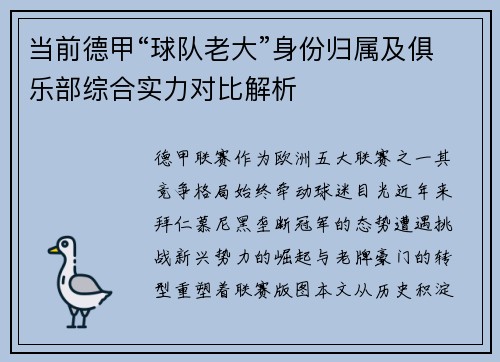 当前德甲“球队老大”身份归属及俱乐部综合实力对比解析